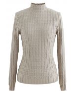 Maze Embossed High Neck Fitted Knit Top in Sand