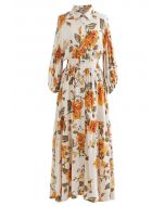 Blossom Moment Bubble Sleeves Button Down Maxi Dress in Cream