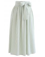 Embossed Stripes Bowknot Waist Midi Skirt