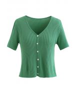Buttoned V-Neck Short Sleeve Rib Knit Top in Green
