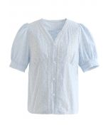 V-Neck Buttoned Eyelet Cotton Top in Sky Blue