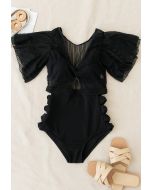 Detachable Bra and Lacy Swimsuit Set in Black - Retro, Indie and
