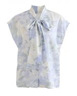 Watercolor Floral Tie Neck Buttoned Top in Blue