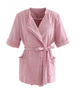 Fringed Self-Tie Short Sleeve Blazer in Pink