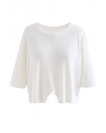 Round Neck Rib Knit Cropped Top in White