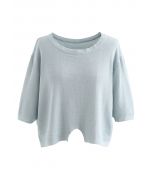 Round Neck Rib Knit Cropped Top in Light Blue