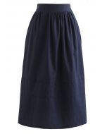 Pintuck Detail Decorated Midi Skirt in Navy