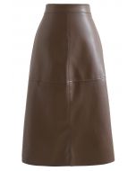 Raw-Cut Hem Faux Leather Pencil Skirt in Brown