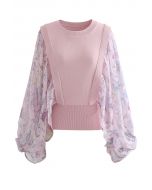 Exaggerated Batwing Mesh Sleeve Knit Top in Pink