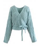 Wrap Front Braid Knit Crop Sweater in Turquoise