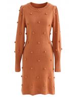 Puff Sleeve Pom-Pom Sweater Dress in Orange