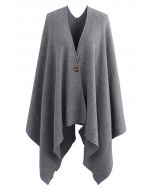 Buttoned Rib Knit Poncho Cape in Grey