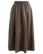 Faux Leather Side Pocket Midi Skirt in Brown