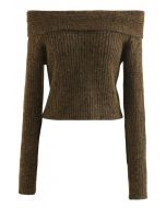 Courtly Off-Shoulder Fuzzy Crop Knit Top in Brown