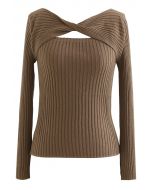 Twisted Cut Out Fitted Knit Top in Tan