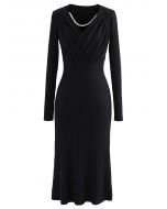 Ruched Wrap Front Ribbed Knit A-line Midi Dress in Black