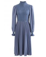 紐繩花紋針織拼接褶皺中長裙-藍色