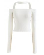 Halter Neck Off-Shoulder Crop Knit Top in White