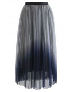 Gradient Mesh Glitter Pleated Midi Skirt in Dusty Blue