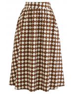 Contrasted Diamond Pattern Midi Skirt in Brown