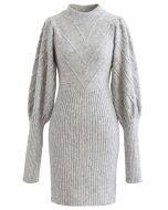 壓紋泡泡袖針織連衣裙-灰色
