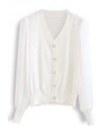 Sheer Sleeve Pearly Buttoned Knit Top in White