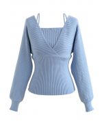 Fake Two-Piece Cold-Shoulder Wrap Knit Top in Dusty Blue