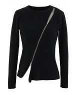 Zipper Up Ribbed Knit Top in Black