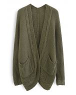 Open Front Pocket Braid Knit Cardigan in Army Green
