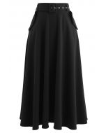 Wool-Blend A-Line Belted Skirt in Black