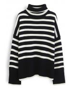 Striped Oversize Flare Sleeve Turtleneck Knit Sweater in Black