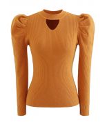 Cutout Gigot Sleeves Fitted Knit Top in Orange