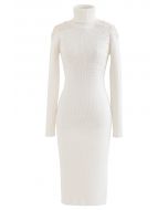 Pearl Decorated Turtleneck Bodycon Knit Dress in White