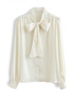 Lacy Edge Bowknot Textured Satin Top in Cream