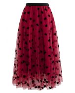 3D愛心雙層網紗半身長裙-紅色