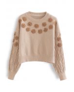 Wavy Sleeves Stitched Flower Knit Sweater in Pink