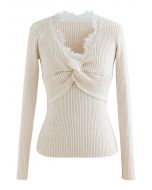 Lace Trim V-Neck Twist Knit Top in Ivory