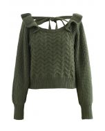 Square Neck Braid Ribbed Crop Sweater in Green