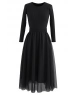 Elasticated Waist Knit Splice Mesh Dress in Black