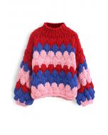 Color Blocked High Neck Hand-Knit Chunky Sweater in Red