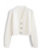 Bowknot Brooch Button Up Crop Knit Cardigan in White