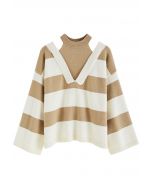 Fake Two-Piece Cold-Shoulder Striped Sweater in Camel