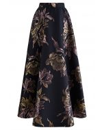 Glittery Peony Jacquard Maxi Skirt in Black