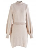 Mock Neck Cross Hem Knit Midi Dress in Light Tan