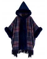 Plaid Fringe Faux Fur Hooded Poncho in Navy