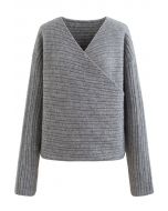 Long Sleeve V-Neck Wrapped Sweater in Grey