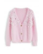 Fluffy V-Neck Sequins Buttoned Crop Cardigan in Pink