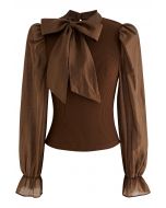 Detachable Bowknot Spliced Knit Top in Brown