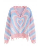 Multilayer Heart Frayed Edge Knit Sweater in Blue