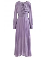 Flowy Chiffon Wrap Pleated Maxi Dress in Lilac